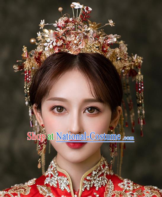 Chinese Traditional Wedding Hair Accessories Classical Xiuhe Suit Hair Crown Bride Tassel Hairpins