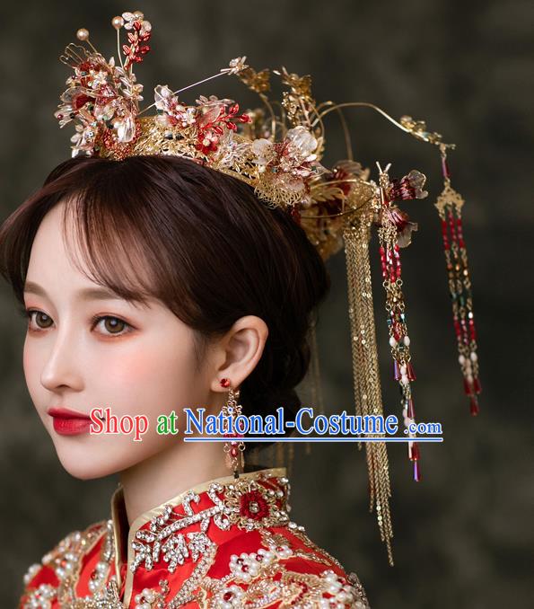 Chinese Traditional Wedding Hair Accessories Classical Xiuhe Suit Hair Crown Bride Tassel Hairpins