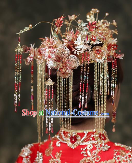 Chinese Traditional Wedding Hair Accessories Classical Xiuhe Suit Hair Crown Bride Tassel Hairpins