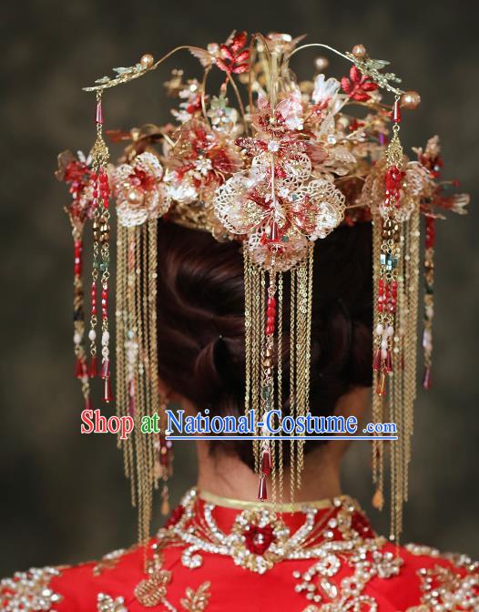 Chinese Traditional Wedding Hair Accessories Classical Xiuhe Suit Hair Crown Bride Tassel Hairpins