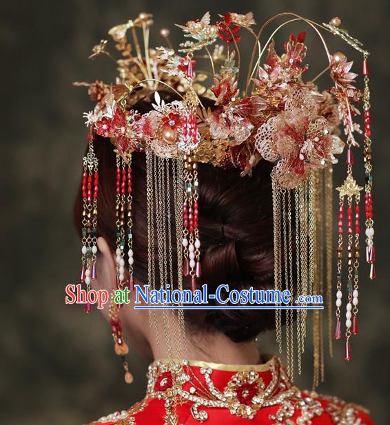 Chinese Traditional Wedding Hair Accessories Classical Xiuhe Suit Hair Crown Bride Tassel Hairpins