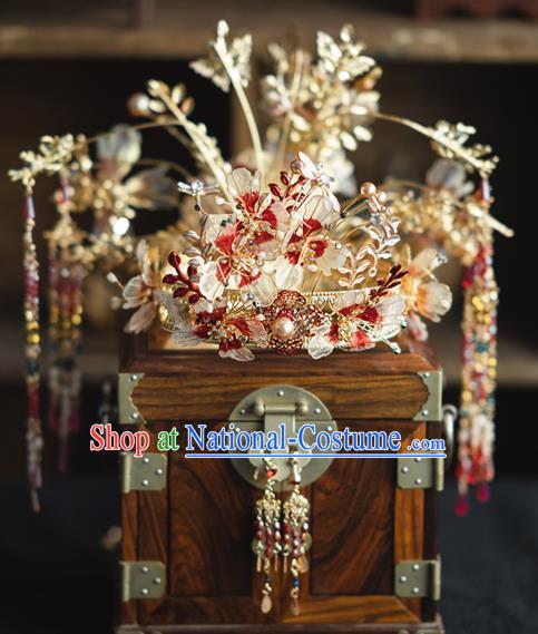 Chinese Traditional Wedding Hair Accessories Classical Xiuhe Suit Hair Crown Bride Tassel Hairpins