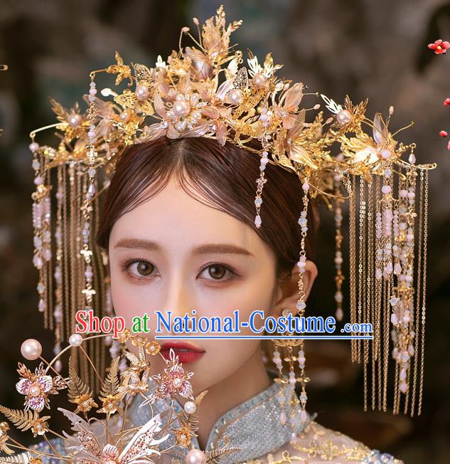 Chinese Classical Xiuhe Suit Hair Crown Bride Pink Flowers Phoenix Coronet Traditional Wedding Hair Accessories