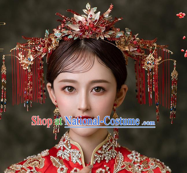 Chinese Bride Flower Phoenix Coronet Traditional Wedding Hair Accessories Classical Xiuhe Suit Red Tassel Hair Crown