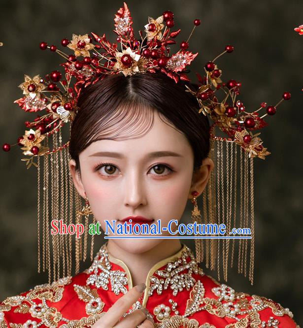 Chinese Bride Hairpins Traditional Wedding Hair Accessories Classical Xiuhe Suit Crystal Leaf Hair Crown