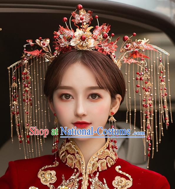 Chinese Bride Red Phoenix Coronet Classical Xiuhe Suit Crystal Hair Crown Traditional Wedding Hair Accessories