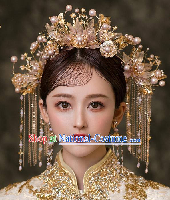 Chinese Classical Xiuhe Suit Hair Crown and Tassel Hairpins Traditional Wedding Bride Hair Accessories