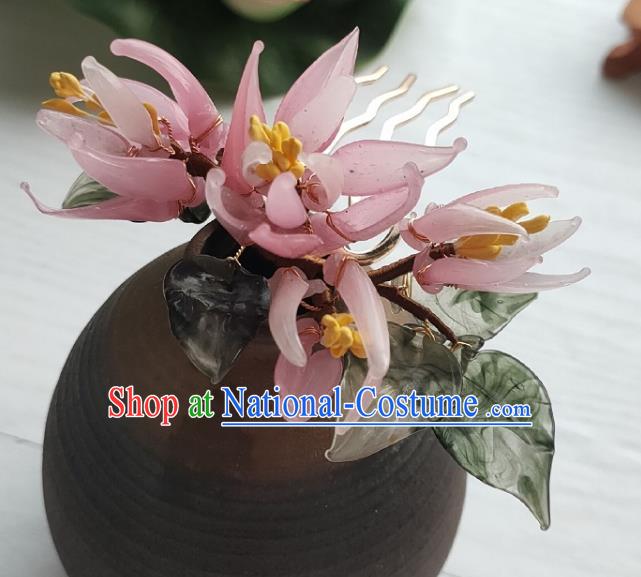 Chinese Ancient Princess Pink Lily Flowers Hairpin Hanfu Hair Accessories Traditional Ming Dynasty Hair Comb