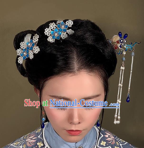 Chinese Traditional Hanfu Pearls Tassel Hairpin Hair Accessories Handmade Ancient Princess Cloisonne Hair Stick