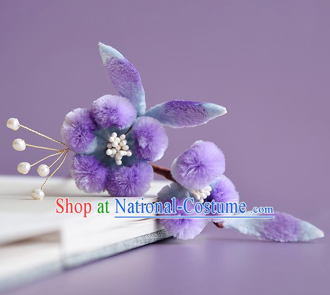 Chinese Handmade Purple Velvet Plum Blossom Hair Stick Traditional Hanfu Hairpin Headwear