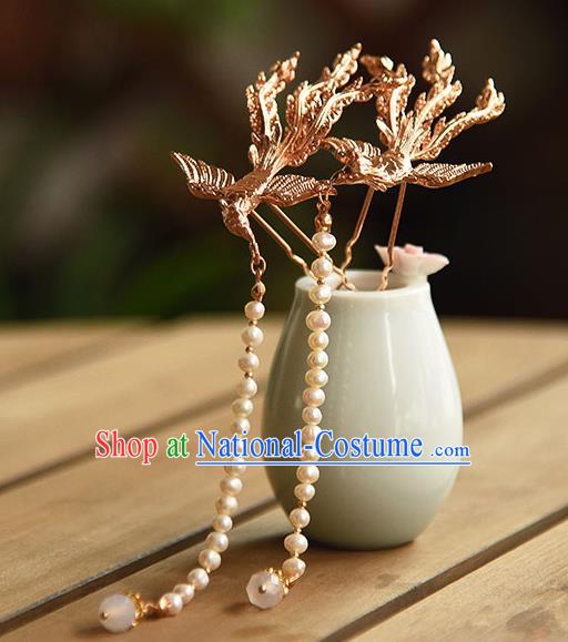 Chinese Ancient Hanfu Pearls Tassel Hairpin Traditional Ming Dynasty Princess Golden Phoenix Hair Stick