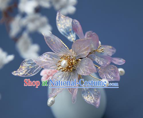 Chinese Ancient Palace Lady Pearls Hairpin Traditional Ming Dynasty Princess Purple Flowers Hair Stick