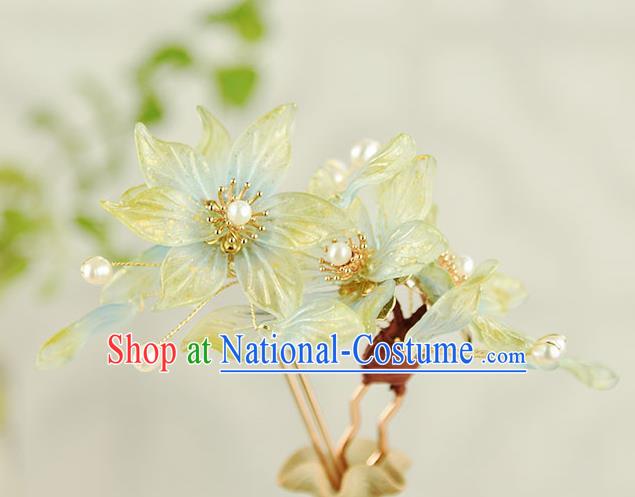 Chinese Traditional Ming Dynasty Princess Green Flowers Hair Stick Ancient Palace Lady Pearls Hairpin