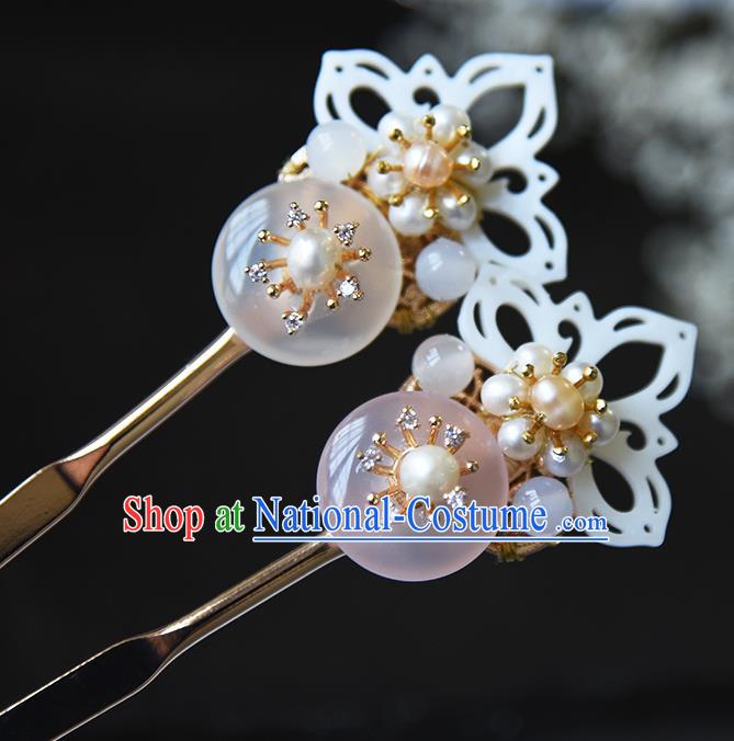 Chinese Traditional Ming Dynasty Shell Lotus Hair Stick Ancient Princess Pearls Hairpin