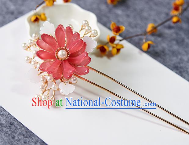 Chinese Traditional Song Dynasty Palace Lady Hair Stick Ancient Princess Red Chrysanthemum Hairpin