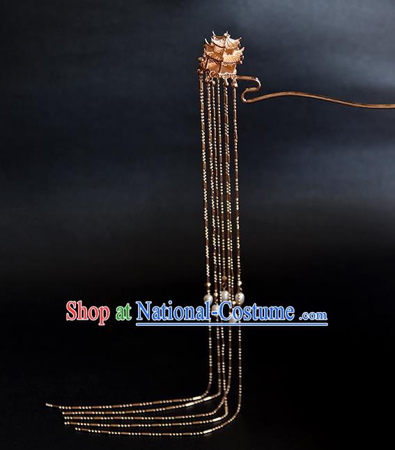 Chinese Traditional Ming Dynasty Empress Golden Palace Hair Stick Ancient Queen Long Tassel Hairpin