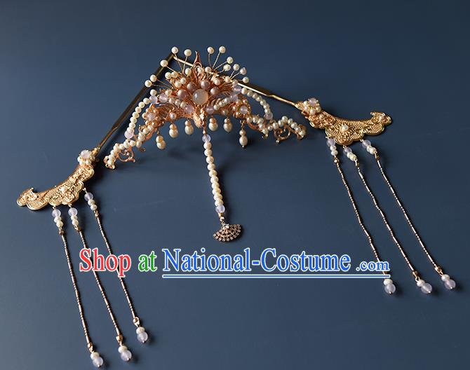 Chinese Traditional Tang Dynasty Empress Hair Accessories Ancient Queen Phoenix Hair Crown and Tassel Hairpins