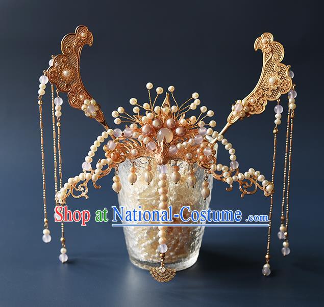 Chinese Traditional Tang Dynasty Empress Hair Accessories Ancient Queen Phoenix Hair Crown and Tassel Hairpins