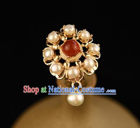 Chinese Handmade Ancient Court Woman Pearls Hairpin Traditional Ming Dynasty Empress Hair Stick