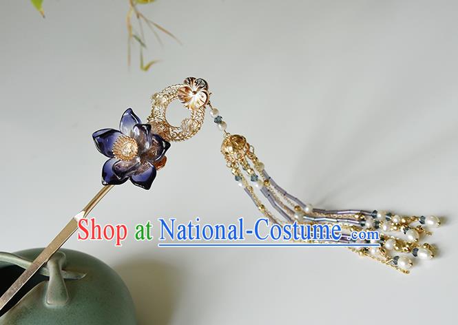 Chinese Traditional Ming Dynasty Pearls Tassel Hair Stick Ancient Princess Purple Lotus Hairpin