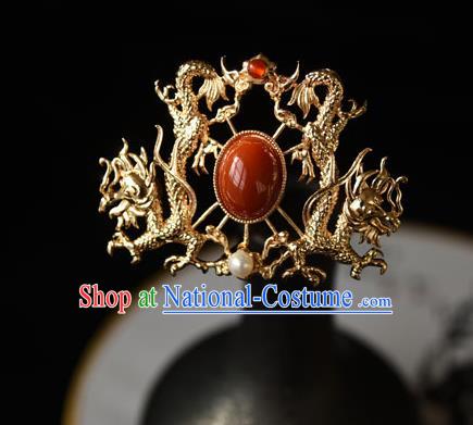 Chinese Traditional Ming Dynasty Golden Dragons Hair Crown Ancient Court Empress Hairpin