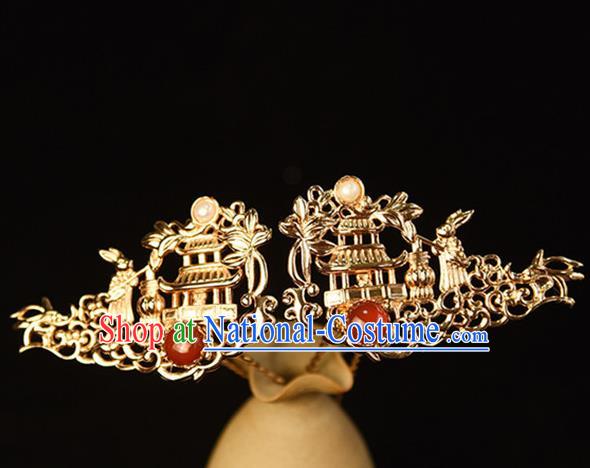 Chinese Ancient Court Woman Hairpin Traditional Ming Dynasty Empress Golden Moon Palace Hair Stick