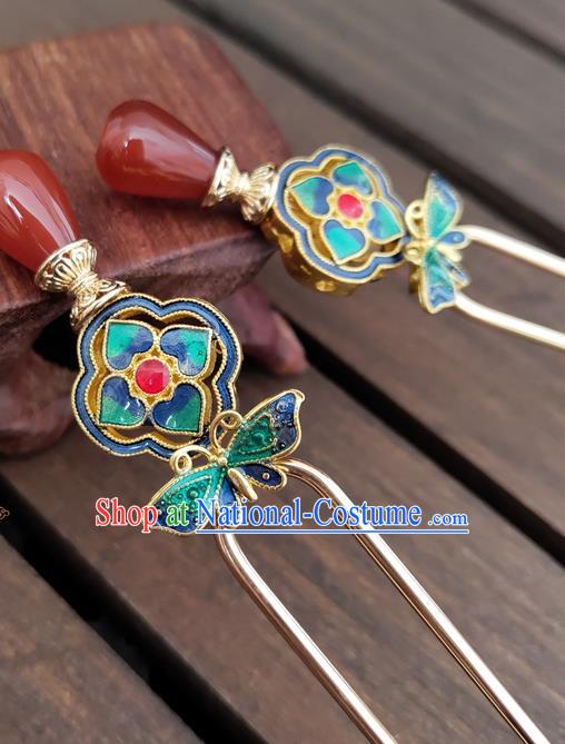 Chinese Traditional Hanfu Agate Hair Stick Ancient Palace Princess Cloisonne Butterfly Hairpin