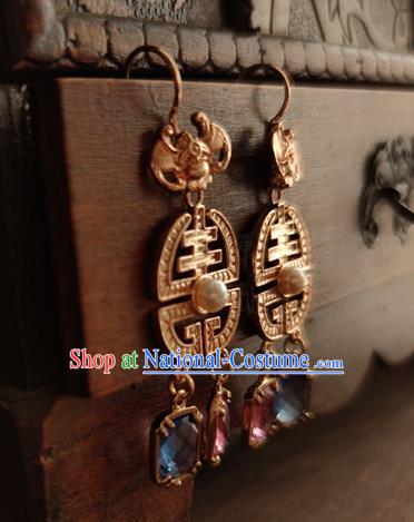 China Handmade Ancient Empress Golden Bat Earrings Jewelry Traditional Ming Dynasty Queen Ear Accessories