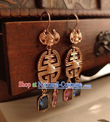 China Handmade Ancient Empress Golden Bat Earrings Jewelry Traditional Ming Dynasty Queen Ear Accessories