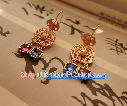 China Handmade Ancient Empress Golden Bat Earrings Jewelry Traditional Ming Dynasty Queen Ear Accessories