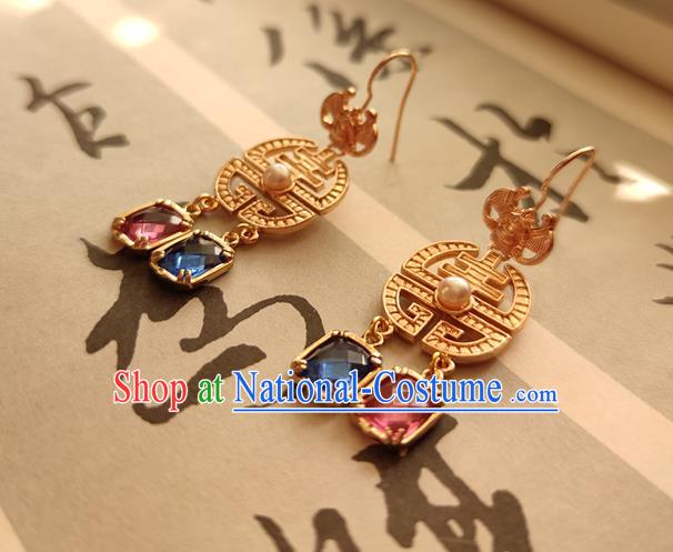 China Handmade Ancient Empress Golden Bat Earrings Jewelry Traditional Ming Dynasty Queen Ear Accessories