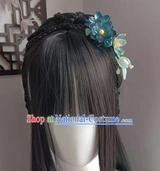 Chinese Ancient Palace Lady Hairpin Traditional Ming Dynasty Princess Blue Lotus Hair Comb