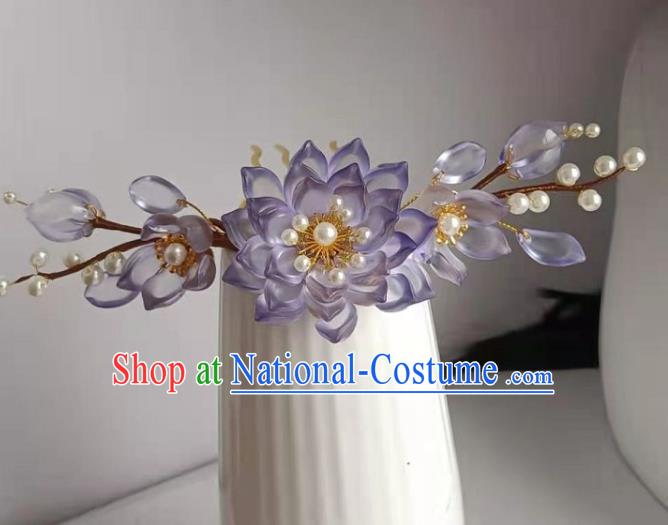 Chinese Ancient Court Woman Pearls Hair Comb Traditional Ming Dynasty Princess Purple Lotus Hair Crown