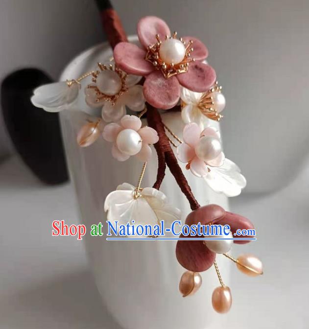 Chinese Ancient Young Lady Shell Pearls Hairpin Traditional Ming Dynasty Princess Rose Stone Hair Stick