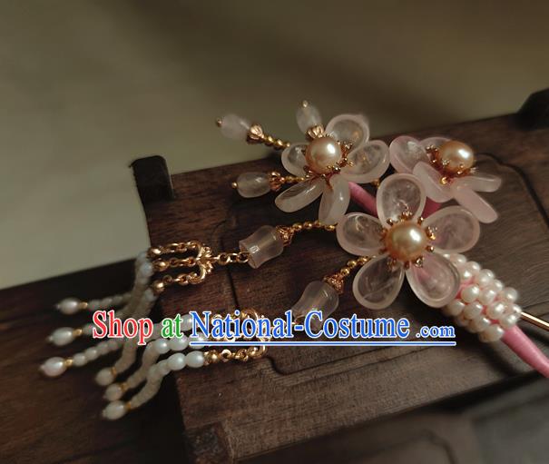 Chinese Traditional Ming Dynasty Rose Quartz Plum Blossom Hair Stick Ancient Princess Beads Tassel Hairpin