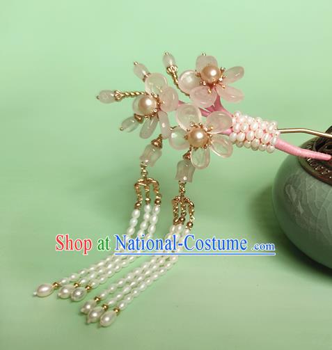 Chinese Traditional Ming Dynasty Rose Quartz Plum Blossom Hair Stick Ancient Princess Beads Tassel Hairpin