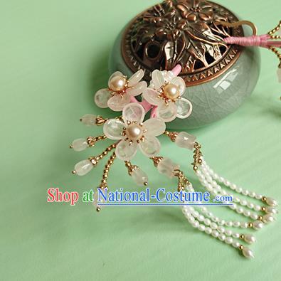 Chinese Traditional Ming Dynasty Rose Quartz Plum Blossom Hair Stick Ancient Princess Beads Tassel Hairpin