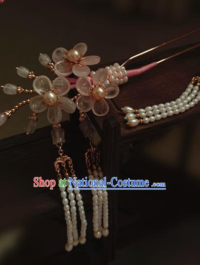 Chinese Traditional Ming Dynasty Rose Quartz Plum Blossom Hair Stick Ancient Princess Beads Tassel Hairpin