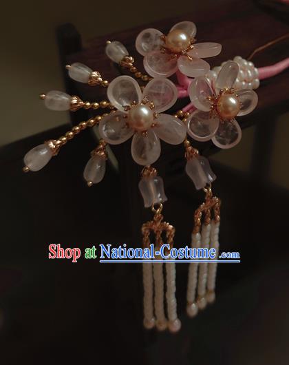 Chinese Traditional Ming Dynasty Rose Quartz Plum Blossom Hair Stick Ancient Princess Beads Tassel Hairpin