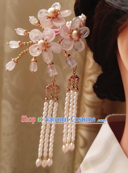 Chinese Traditional Ming Dynasty Rose Quartz Plum Blossom Hair Stick Ancient Princess Beads Tassel Hairpin