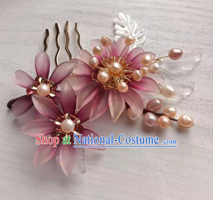 Chinese Ancient Princess Purple Chrysanthemum Hairpin Traditional Ming Dynasty Hanfu Pearls Hair Comb