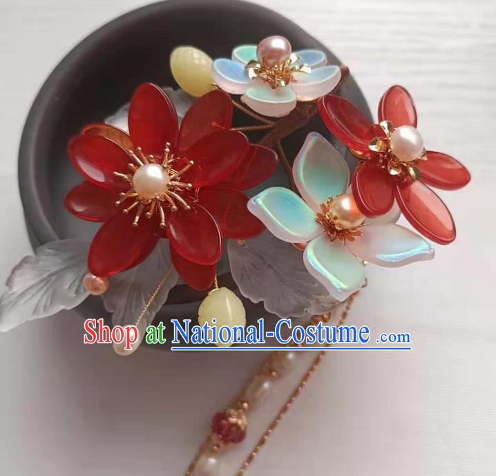 Chinese Hanfu Hair Accessories Traditional Ming Dynasty Red Flowers Hair Stick Ancient Patrician Lady Hairpin