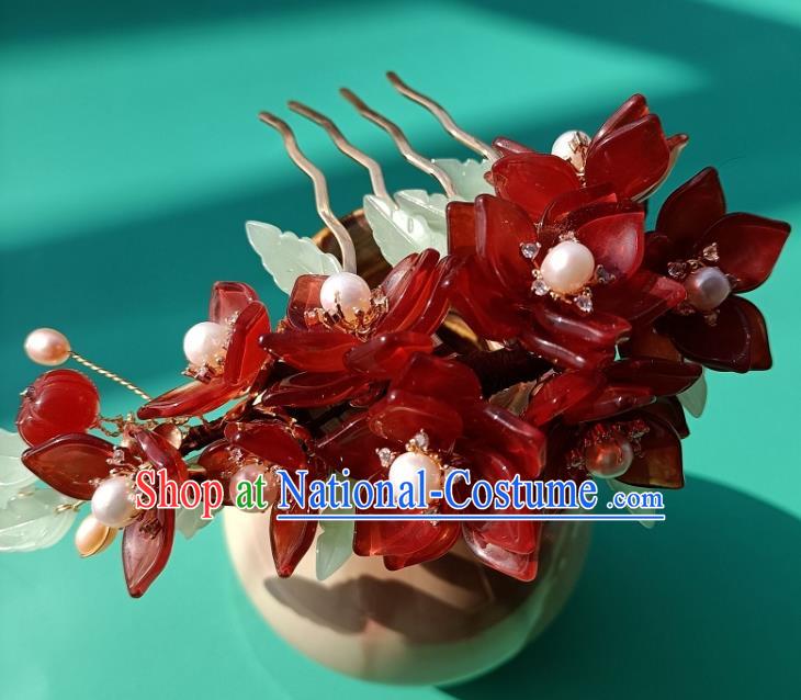 Chinese Traditional Ming Dynasty Red Flowers Hair Comb Ancient Princess Hairpin Hanfu Hair Accessories