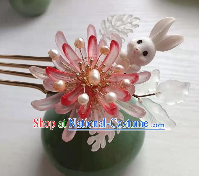 Chinese Ancient Princess Pink Chrysanthemum Hairpin Traditional Ming Dynasty Hanfu Pearls Hair Comb