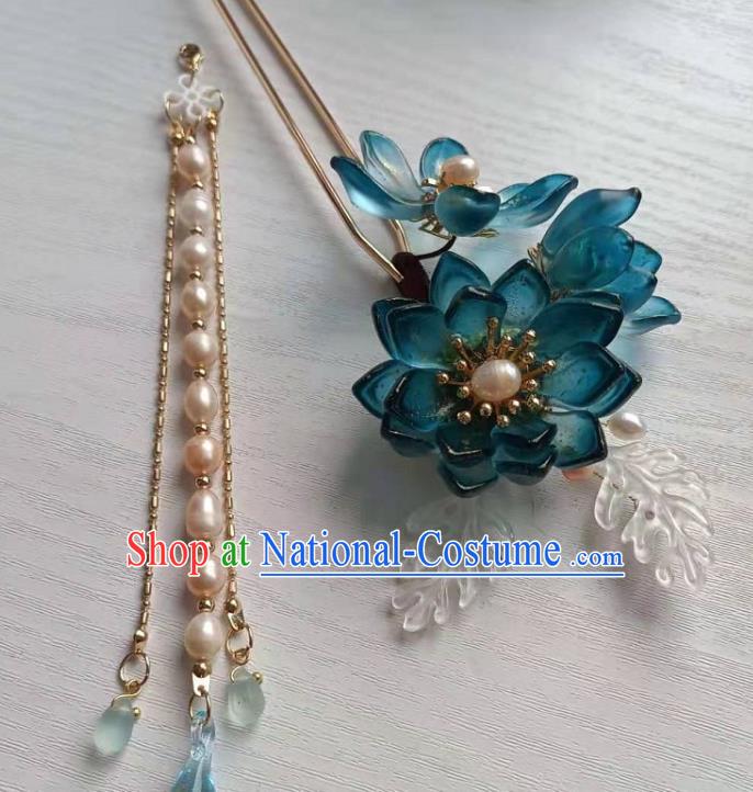 Chinese Ancient Palace Lady Blue Lotus Hairpin Traditional Ming Dynasty Hanfu Pearls Tassel Hair Stick