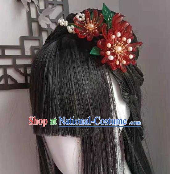 Chinese Ancient Patrician Lady Hairpin Hair Accessories Traditional Ming Dynasty Hanfu Red Chrysanthemum Hair Stick