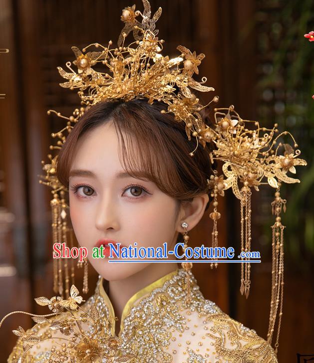 Chinese Classical Golden Leaf Phoenix Coronet Traditional Wedding Headdress Xiuhe Suit Bride Hair Crown