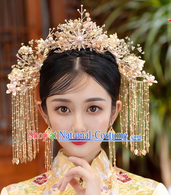 Chinese Classical Golden Tassel Phoenix Coronet Traditional Wedding Headdress Xiuhe Suit Bride Beads Hair Crown