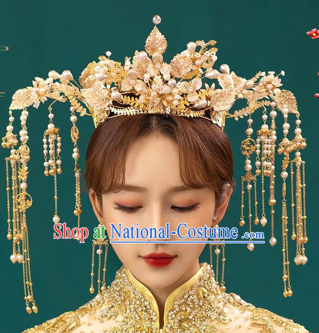 Chinese Classical Bride Tassel Phoenix Coronet Traditional Wedding Headwear Xiuhe Suit Golden Leaf Hair Crown