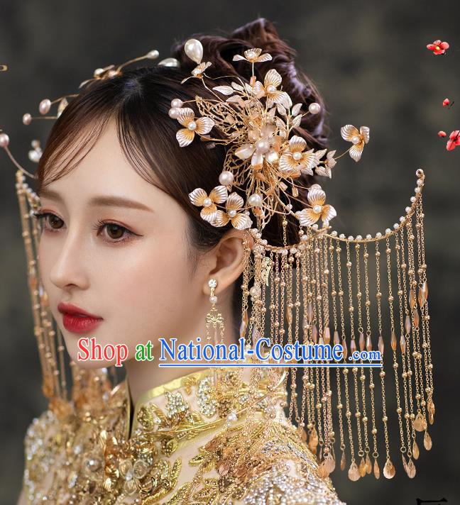 Chinese Classical Bride Tassel Hair Sticks Traditional Wedding Headwear Xiuhe Suit Golden Flowers Hairpins